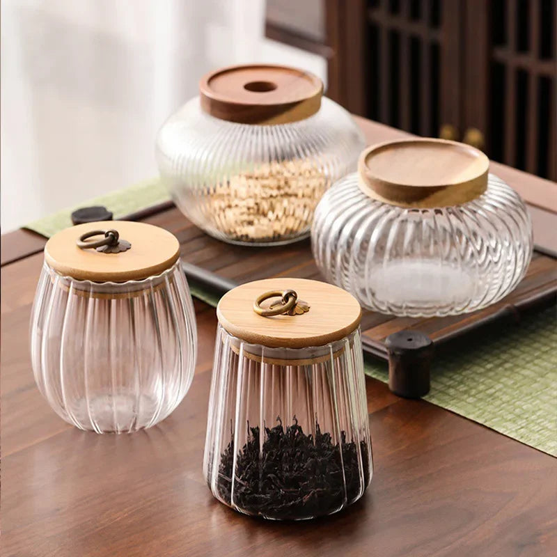 Wood Lid Glass Airtight Canister Kitchen Storage Bottles Jar Food Container