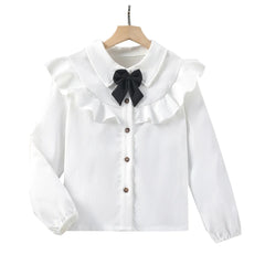 White Blouse for Big Girls Ruffle Sleeve Tops Black Bow Shirts Girls