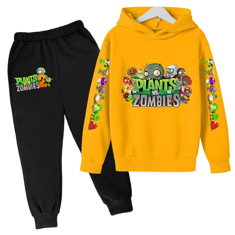 Kids Hooded Pullover Popular Game Plants vs. Monster Print Boys/Girls Top/Pants Clothing Set