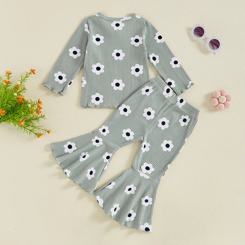 Toddler Girls Flower Outfit Ribbed Knit Pant Clothes Set Long Sleeve Round Neck Floral T-Shirt Tops Flared Trousers