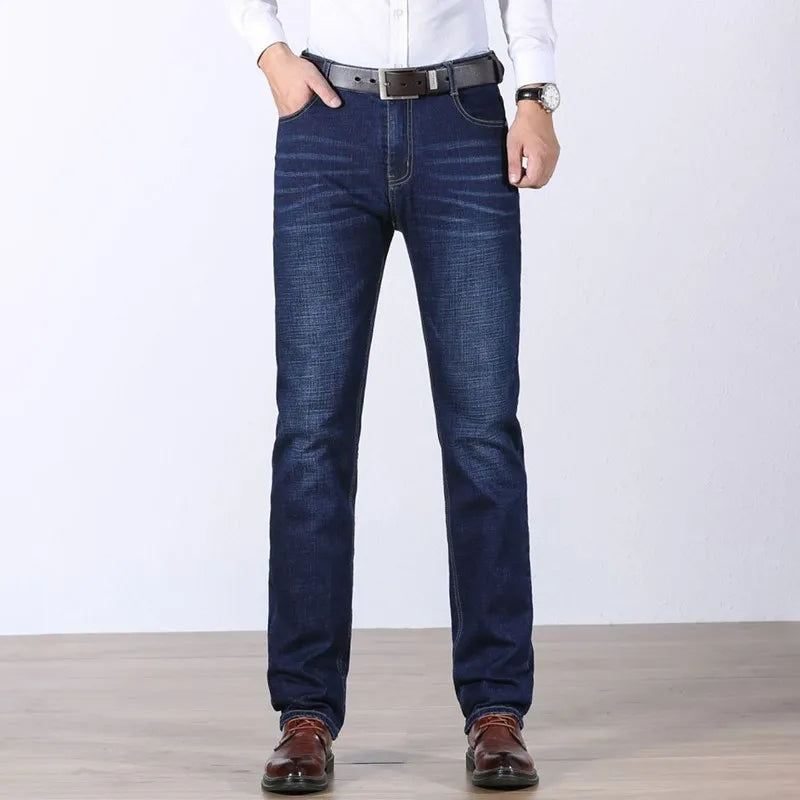 Fashion Men Brand Denim Jeans Business Casual Stretch Straight Work OL Pants Blue Black Trousers