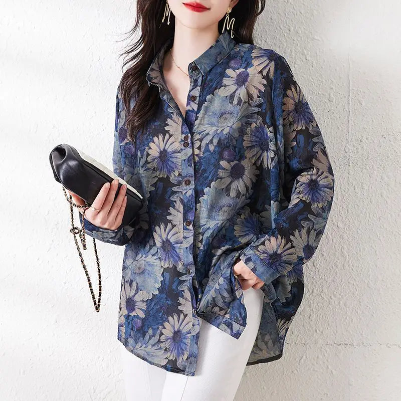 Commute Turn-down Collar Shirt Vintage Floral Printed Women's Clothing