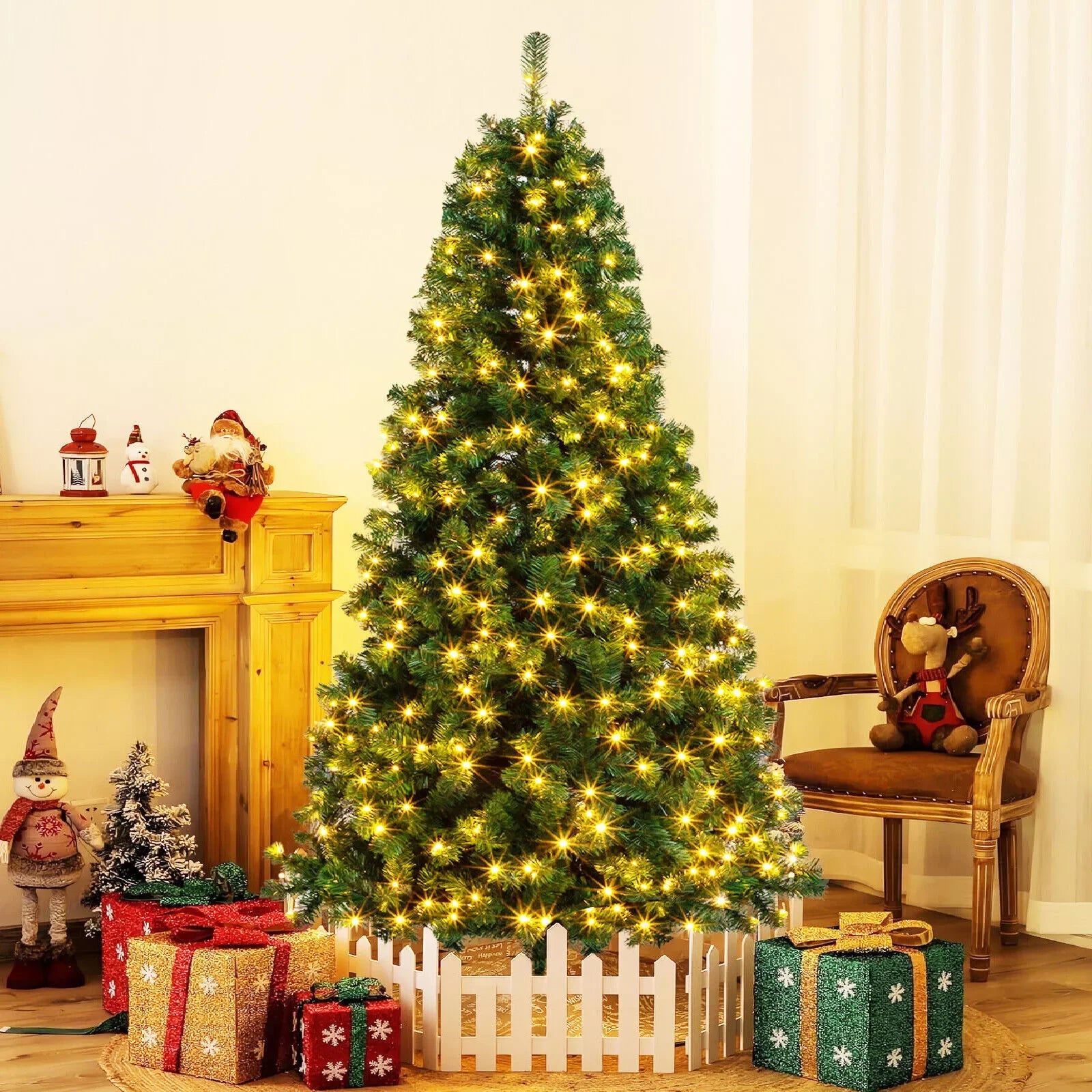 Christmas Tree Artificial Christmas Spruce 4/5/6/7 ft pine metal stand with LED lights