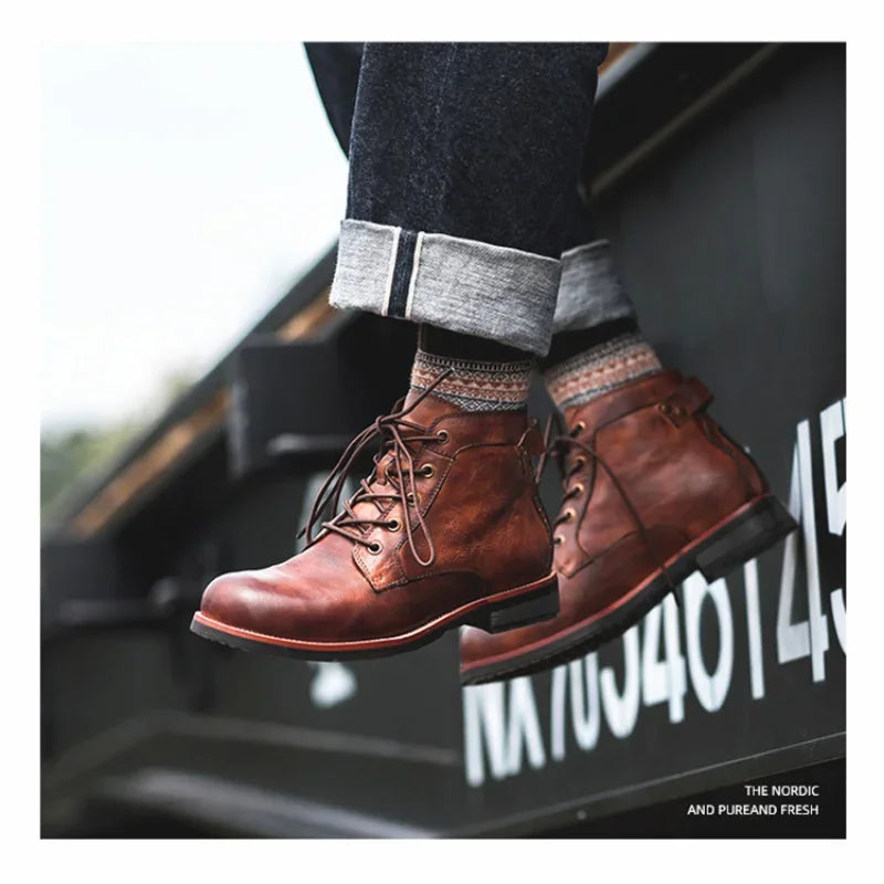 Handmade Leather Men Boots Retro Round Toe Ankle Boots