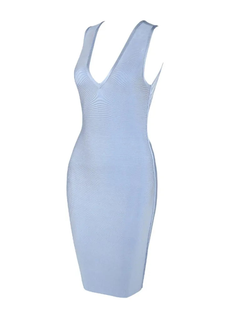 New Fashion V Neck Designer Light Blue Bandage Dress Women Backless Summer Party Dress