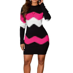 Autumn Women's Fashion Printed Knitted Dress Long Sleeve Elegant Slim Fit Hip Mini Dress