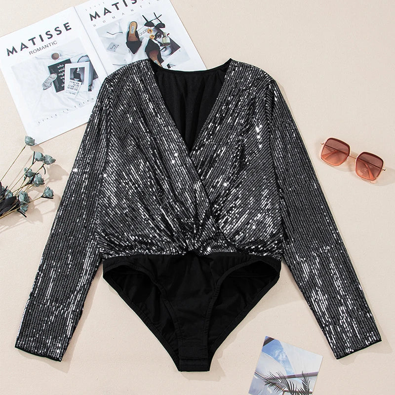 Black Sequin Long Sleeve Bodysuit Women Mesh V Neck Elegant Bodysuits Body Tops Casual Female Night Club Wear S-XL