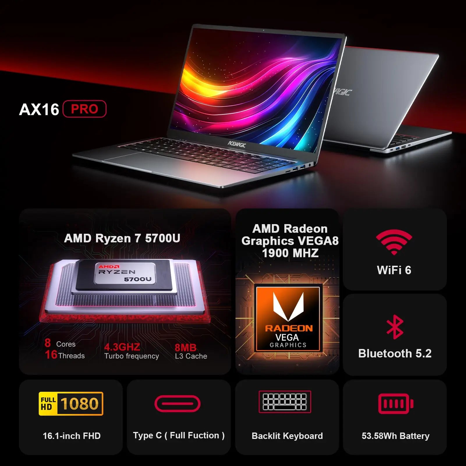 ACEMAGIC Gaming Notebook 16.1 FHD 1920*1080 16GB DDR4 512GB SSD AMD Ryzen 7 5700U Notebook Windows 11 Home BT5.2 WiFi 6 Laptop