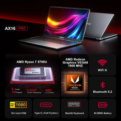 ACEMAGIC Gaming Notebook 16.1 FHD 1920*1080 16GB DDR4 512GB SSD AMD Ryzen 7 5700U Notebook Windows 11 Home BT5.2 WiFi 6 Laptop