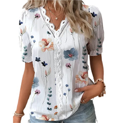 Summer V-neck Lace Patchwork Printed Shirt For Women 2024 Elegant Office Lady Short Sleeve Flower Print Pullover Blouses