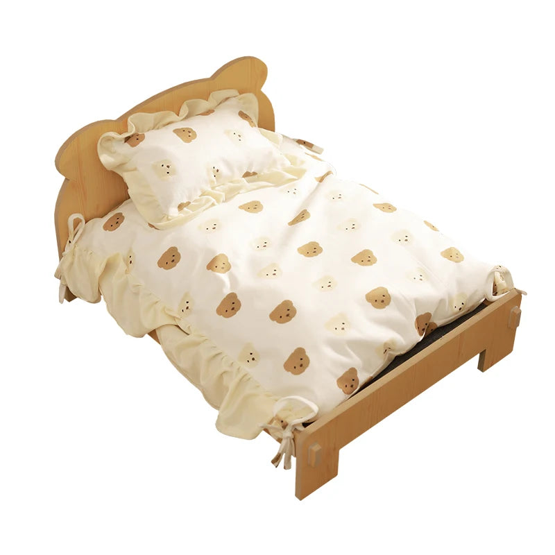 Cat Bed Wooden Cat And Dog Bed With Teddy Bear Pattern Indoor Pet Furniture Floor To Ceiling Bed(20*11inch)Comfortable Durable