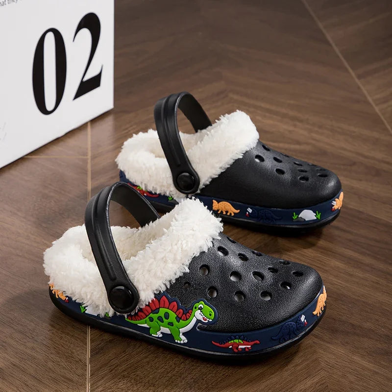 Winter Children Slipper Cotton Baby Boy Clogs Cartoon Excavator Print Comfortable Indoor House Shoes