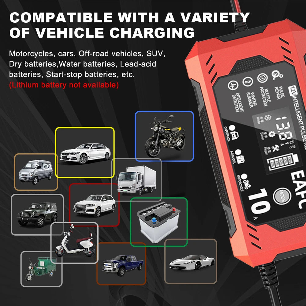 Car Battery Charger Pulse Repair LCD Battery Charger for Auto Moto Lead Acid Battery Smart Charging