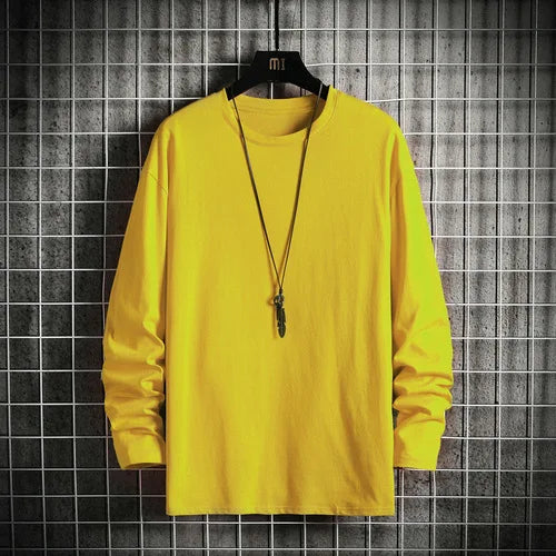 Harajuku Long Sleeve T Shirt Men Solid Color Cotton Soft O-Neck Basic Tops Tees