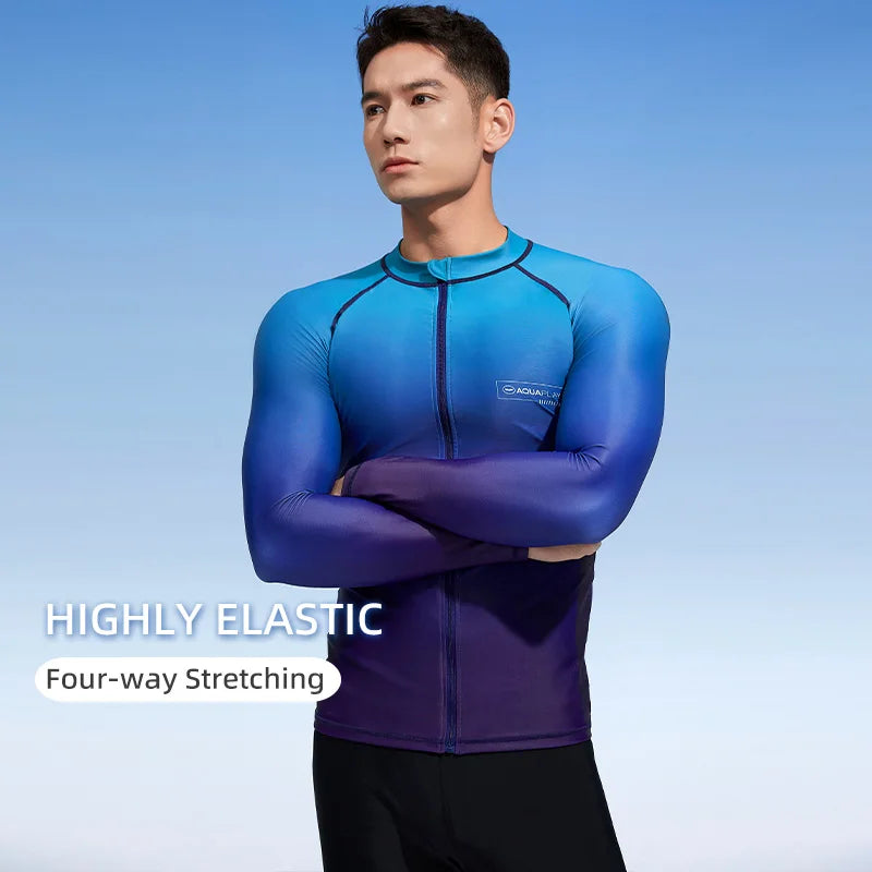 Men‘s Rash Guard Surfing Diving Swimwear Full Zipper Long Sleeve Suit Swimming Surf Clothing Outdoor Sport Fitness