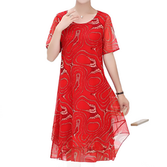 Summer Thin Fashion Printing Gauze Mesh Loose Knee Length Dress