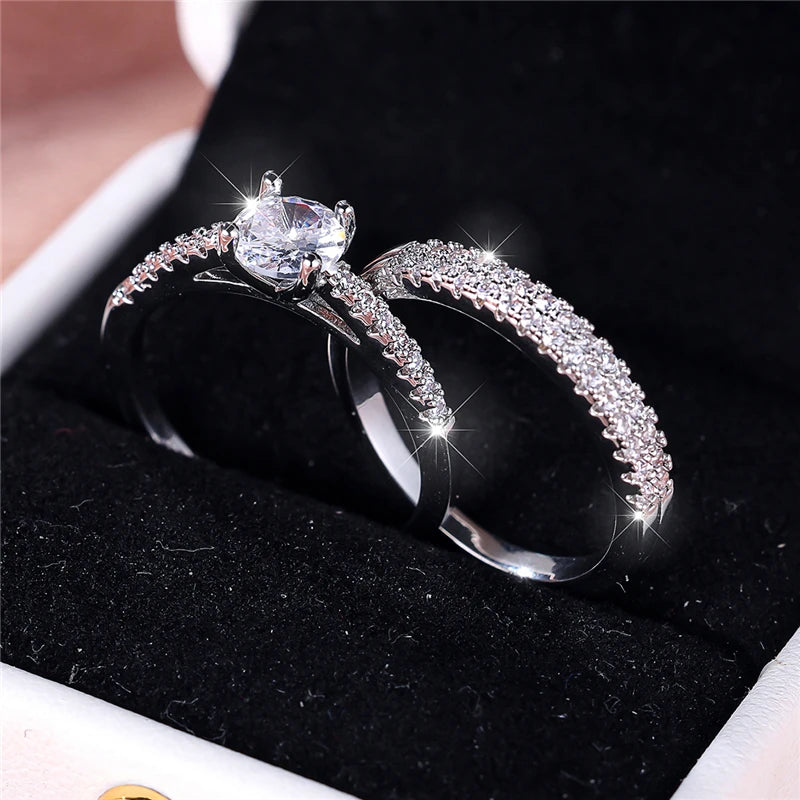 Zircon Stone Engagement Ring Set Cute Silver Color Wedding Jewelry For Women