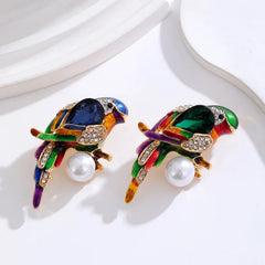 Fashion Animal Rhinestone Pearl Parrot Brooches Pins For Women Clothing Accessories