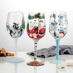 Christmas Print Wine Glass Christmas Decor Red Wine Goblet Creative Hand Drawing Painted Home Party Festival Cups Bar Wine Set