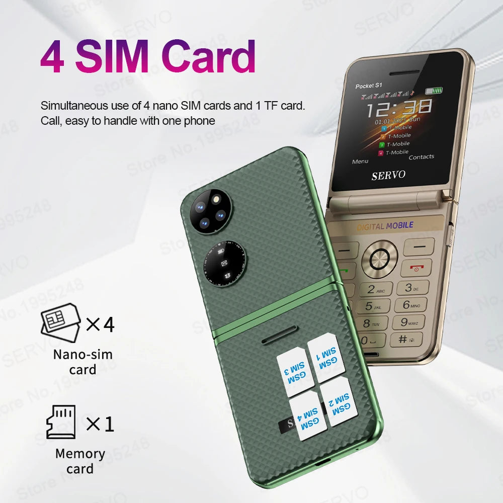 SERVO Pocket S1 4 SIM Card Fold Mobile Phone Speed Dial GSM Magic Voice Flashlight Call Recording MP4 FM Texture Cellular Phones