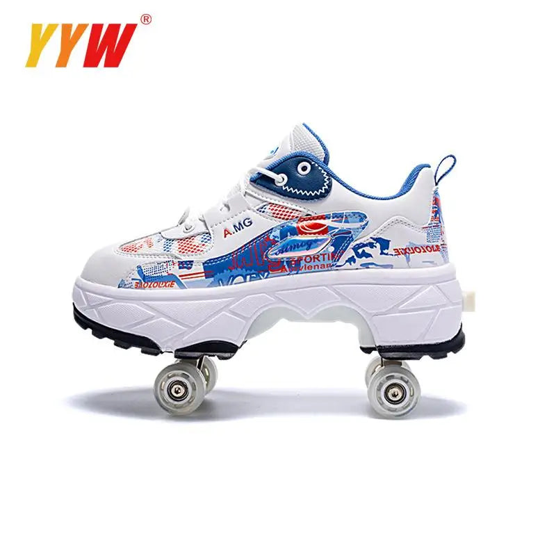 Four-Wheel Dual-Use Skating Shoes Double-Row Roller Student Men's Casual Sneakers Women's Men's Sport Walking Running Shoes