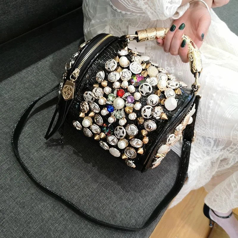 Round Bucket Bag With Bead Rivet Rhinestone Single Shoulder Crossbody Bag Women Punk Style Handbag