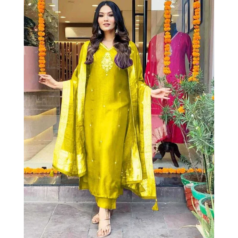 Yellow Indian Women Wedding Haldi Partywear Salwar Suit Straight Kurti Dress Set