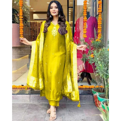 Yellow Indian Women Wedding Haldi Partywear Salwar Suit Straight Kurti Dress Set