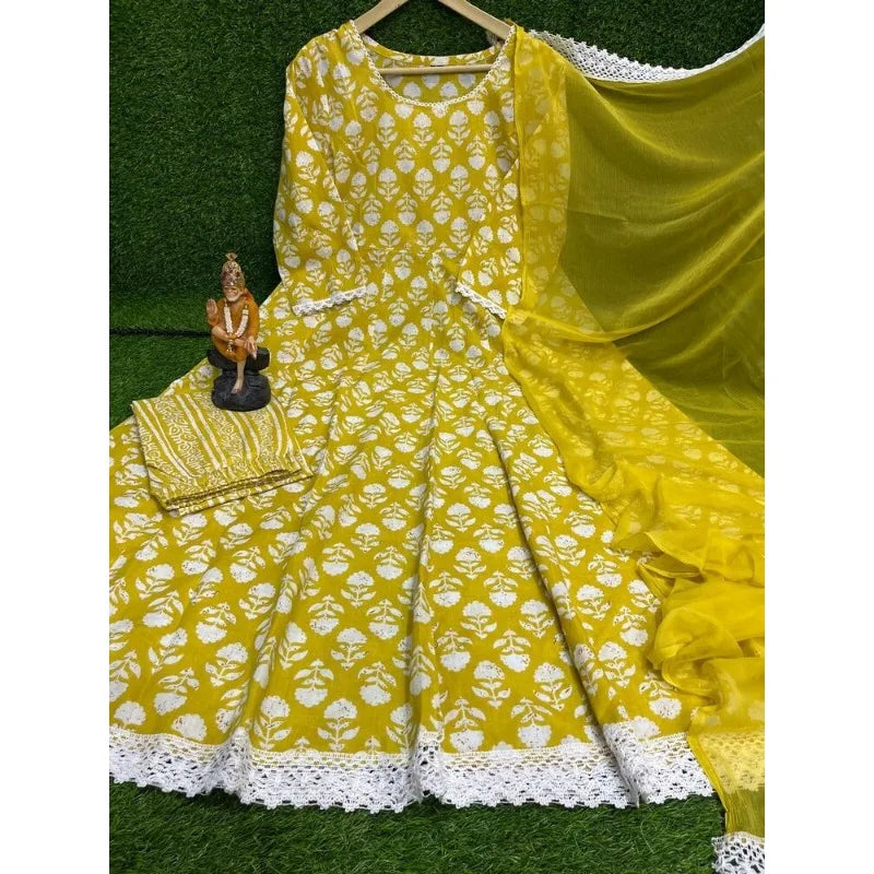 Full Seam Artificial Silk Printed Anarkali Yellow Kurti Pants and Dupatta Salwar Dress