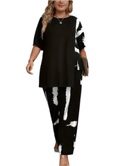 Plus Size 1XL-5XL Womens Brush Print Elegance  Short Sleeve Round Neck Split Top & Matching Pants 2 Piece Outfit Set