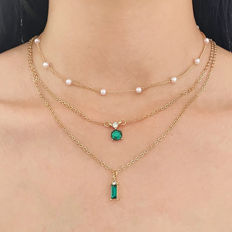 Simple Stacked Retro Imitation Emerald Green Pearl Multi-layer Necklace For Women