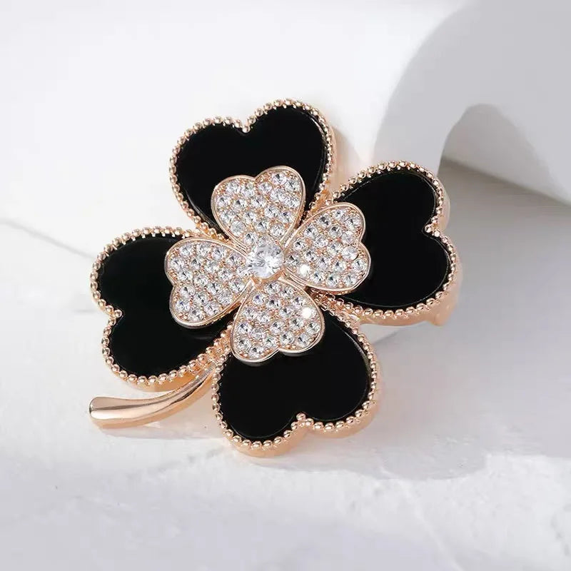 Black Flower Rhinestone Brooches For Women Creative Heart Crystal Clover Plant Lapel Pins