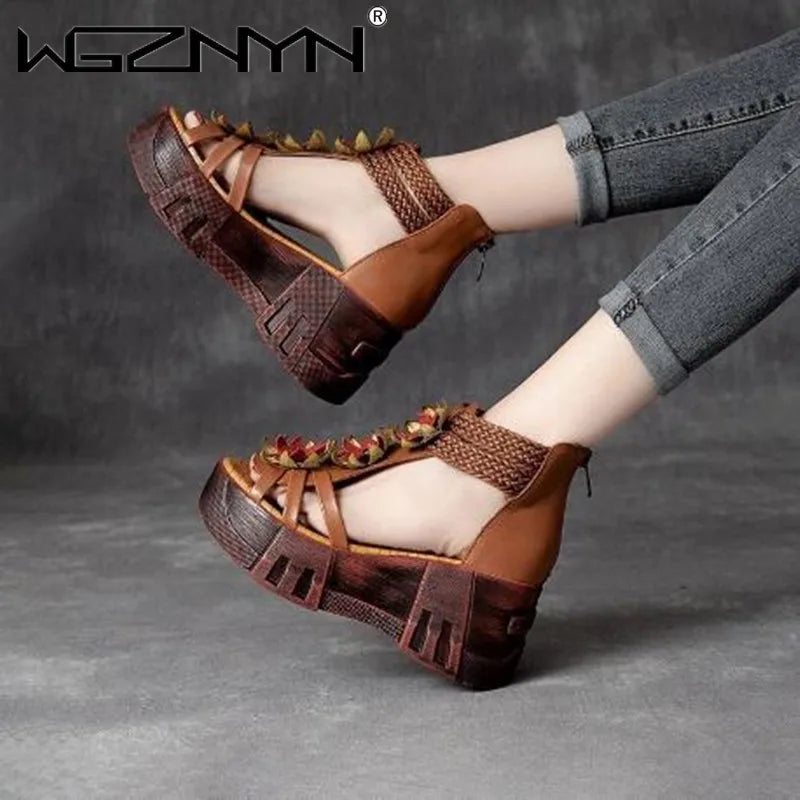 Summer Women Flowers Sandals Genuine PU Leather Open Toe Shoes Casual High Heel Wedges