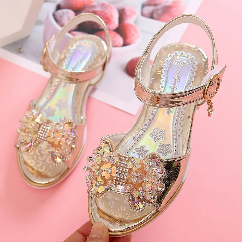 Girls' sandals  summer new girls students show shoes rhinestone bow Children's Princess Shoes