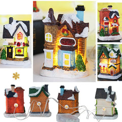 LED Resin Christmas Village Ornaments Set Figurines Decoration Santa Claus Pine Needles Snow View House