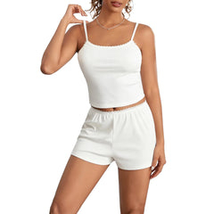 Summer Women's 2Pcs Pajama Sets Lace Trim Sleeveless Cami Tops with Elastic Waist Shorts Set