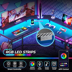 Gaming Computer Desk LED Lights Power Outlets Monitor Shelves Steel Black