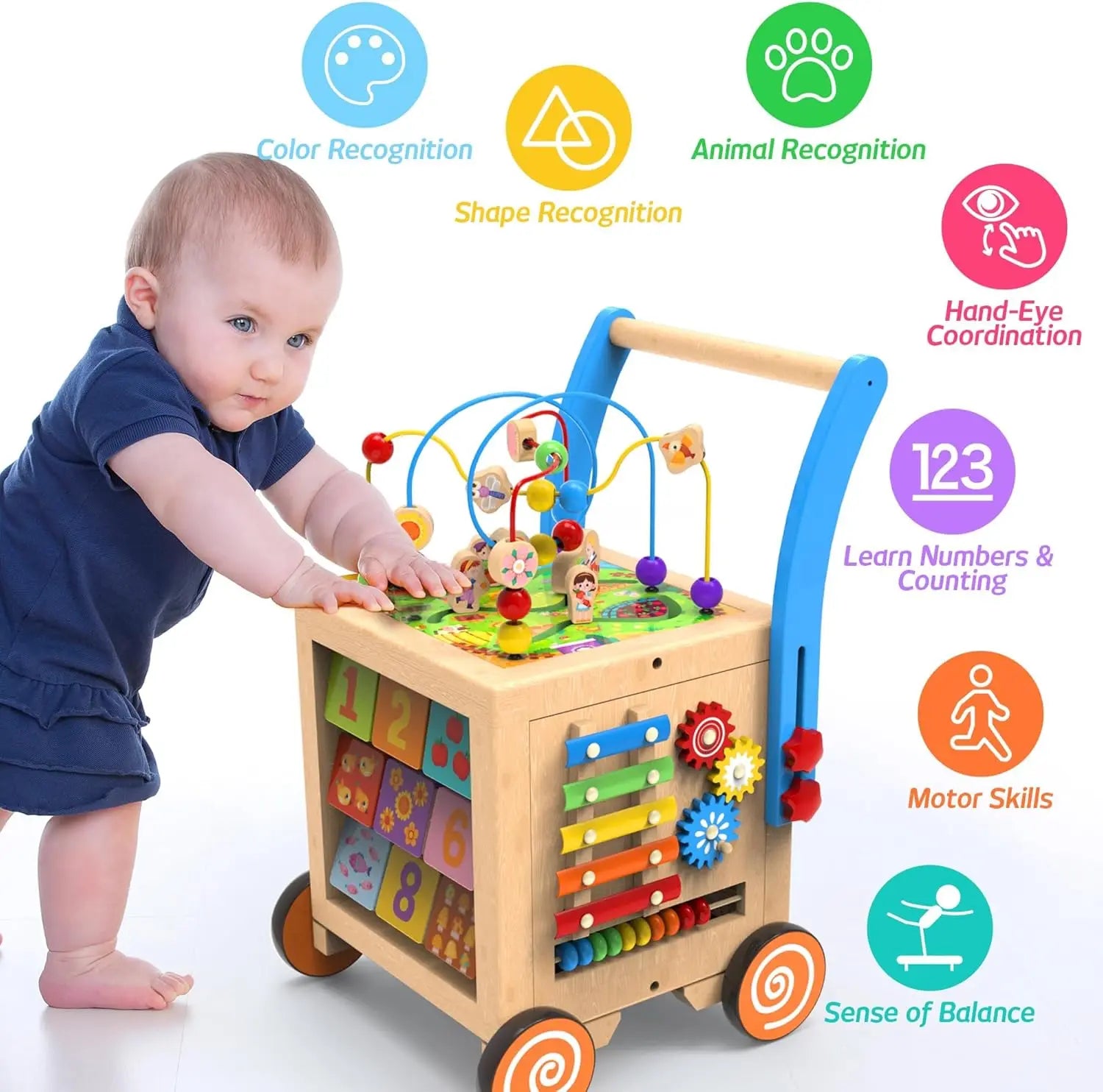 Wooden Baby Walker, Sit-to-Stand Learning Walker Activity Center, Early Educational Push Pull Toys