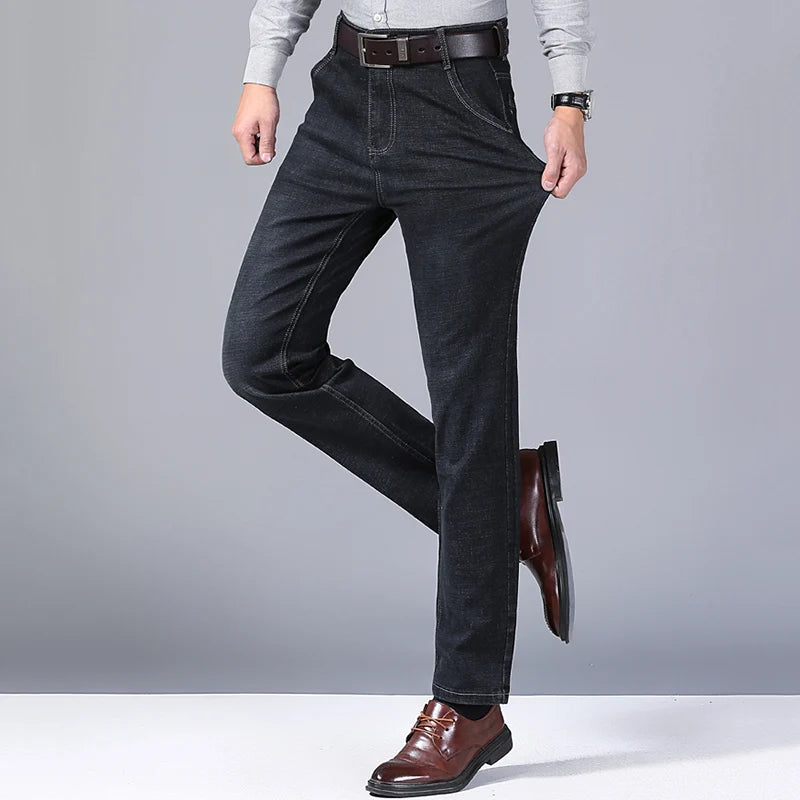 Men Simple Narrow Leg Business Work Jeans Soft Fabric Vintage Wash Skinny Denim Trousers