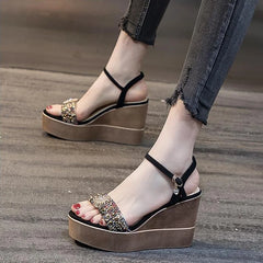 Women Rhinestone Sandals, Summer Heels Wedges Gladiator Shoes, Platforms Outside Wear