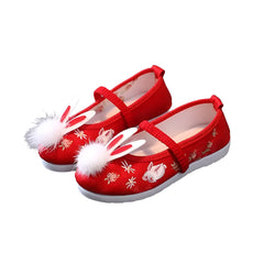 Embroidery Kids Shoes Chinese Style Cute Rabbit Fur Plush Girls Flats Princess Slip on Dancing Shoes