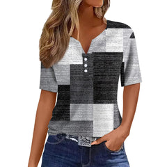 Women's Fashion Casual Geometric Printed T-Shirt V-Neck Short Sleeve Button Top Tops for Women Womens Tops and Blouses 2024