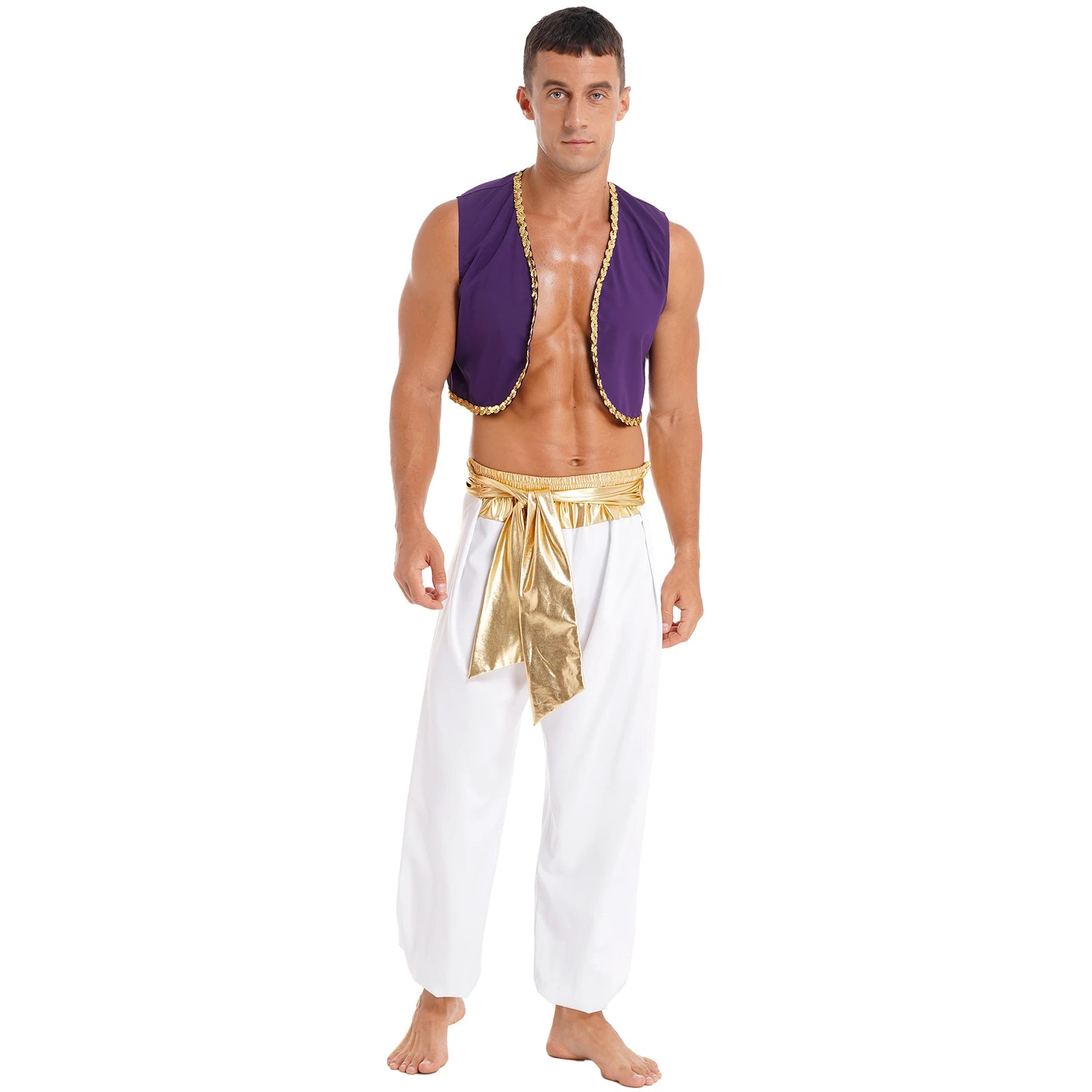 Mens Halloween Arabian Prince Costume Mythical Aladin Party Cosplay Fancy Dress Outfit Sequin Trim Waistcoat with Belted Pants