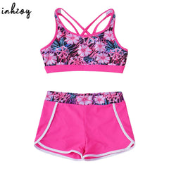 Kids Girls Printed Swim Suits Beach Wear Strappy Back Sleeveless Crop Top with Shorts