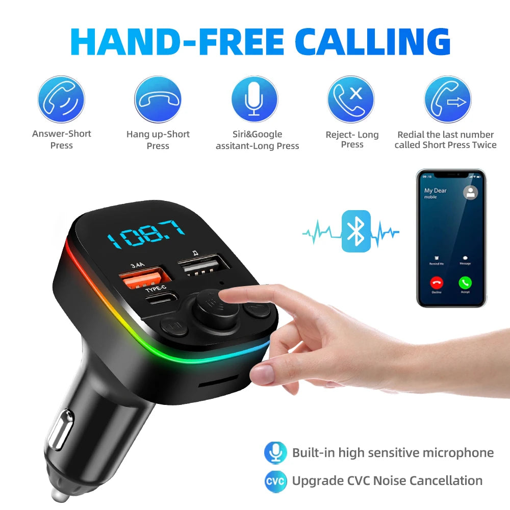 FM Transmitter Bluetooth 3.1A Type-C+Dual USB Port Car Charge Wireless Handsfree Call LED Aux Audio Radio Modulator MP3 Player