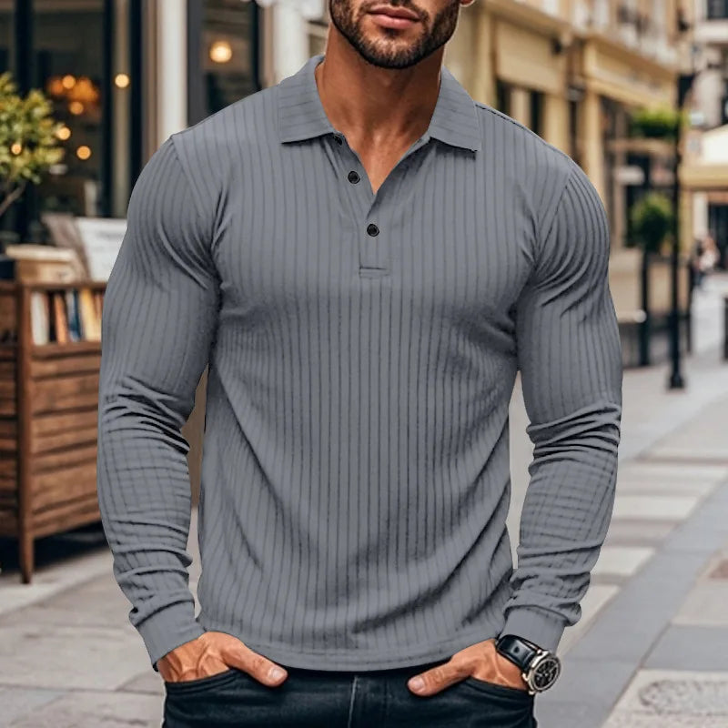 New Men's Polo Shirt Long Sleeve Button-down Solid Color Popular Pullover Knitwear Streetwear