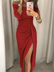 Women's Off Shoulder Long Sleeve Bodycon Evening Party Long Dress Asymmetrical Split Pencil Dresses