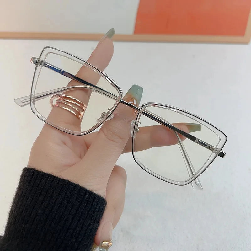 Cat Eye Women Oversized Eyeglasses Frame Anti Blue Light Glasses Myopia Glasses Frame Flat Lens Men