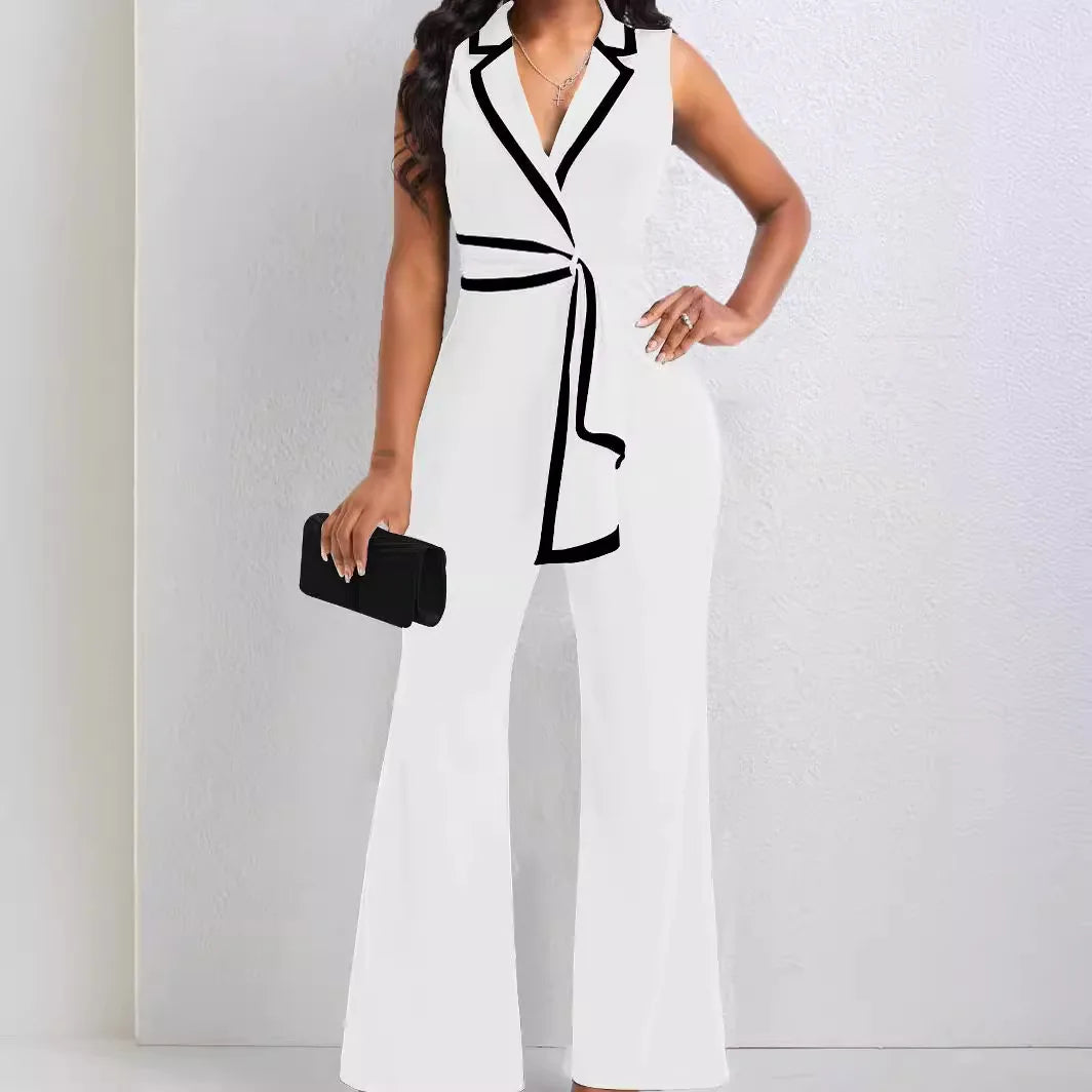 European and American Cross-border Summer Women's New Fashion V Neck Elegant Elegant Sleeveless Jumpsuit Wide Leg Pants