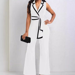 European and American Cross-border Summer Women's New Fashion V Neck Elegant Elegant Sleeveless Jumpsuit Wide Leg Pants